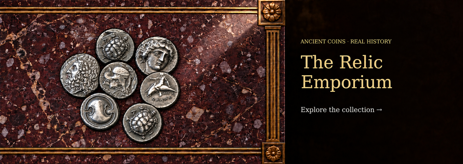 Ancient coins on the Relic Emporium's framed porphyry artwork